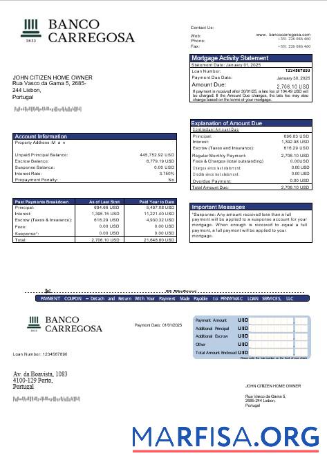 Printable Portugal Banco Carregosa mortgage statement in Word and PDF formats example